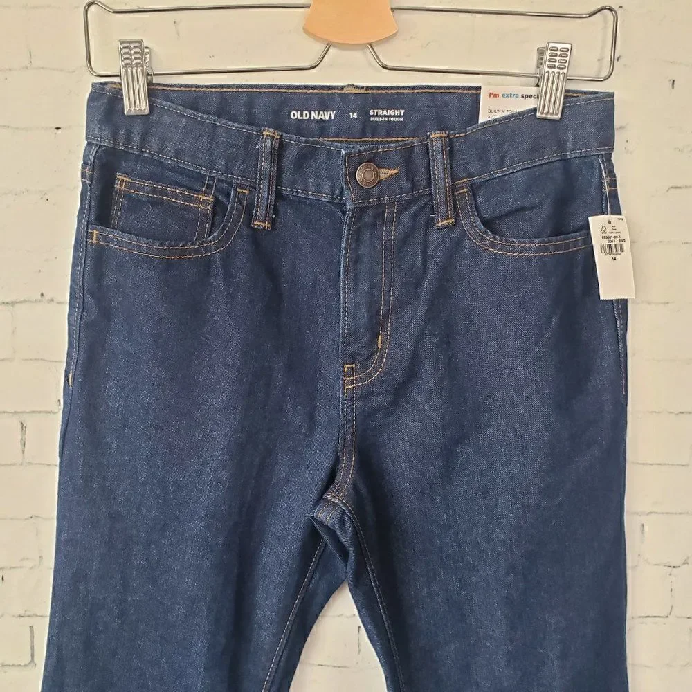 Old Navy Boys Straight Jeans Size 14 Built In Tough Adjustable Waist Dark Blue